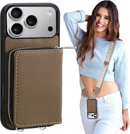 XANGNIER Wallet Case for iPhone 17 Pro Max with Strap, RFID Blocking PU Leather Crossbody Phone Purse with Card Holder, Zipper Pocket, Wrist Strap & Adjustable Lanyard for Women 6.9" 5G,Brown
