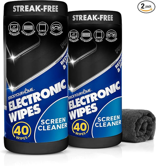 Electronic Screen Cleaner Wipes (80 Count, 2 Pack), Streak Free Pre-Moistened Wipes for Cleaning TVs, Laptops, Phones, Watches, Glasses, Cameras and Computer Screens