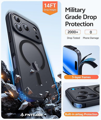 FNTCASE for iPhone 17 Pro Max Case: [Compatible with Magsafe] Translucent Matte Cases with [Full Camera Protection] [Screen Protector] Military Grade Shockproof Protective Phone Cover - Black