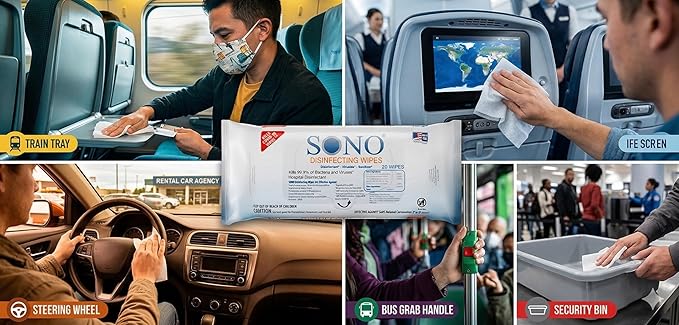 SONO Disinfecting Wipes - 60 Count (Pack of 3) + Sanitizer, Travel Size, Alcohol-Free, No Bleach, Medical-Grade, Multi-Surface Cleaning for School, Office, and On-The-Go
