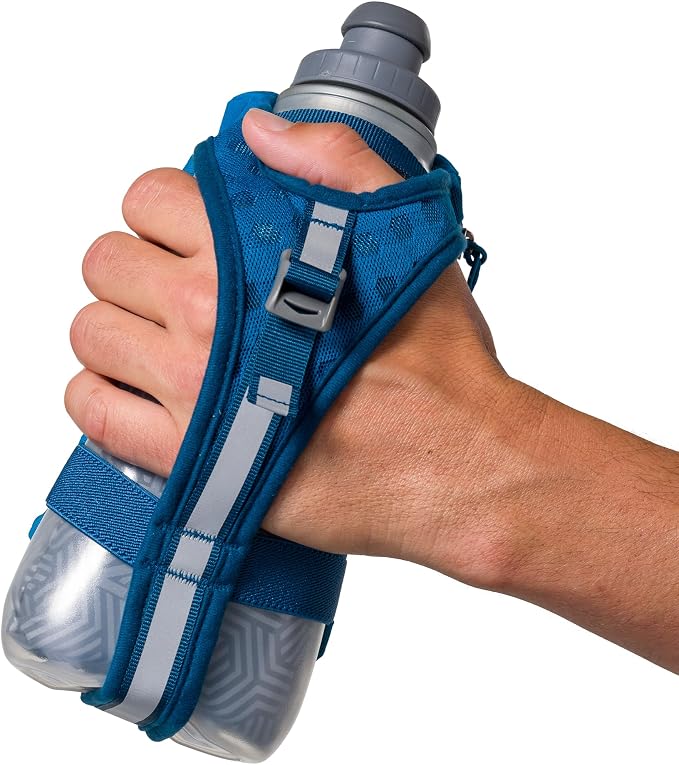 Nathan SpeedDraw 2 Insulated Handheld Running Water Bottle Flask – Double-Wall Insulation, Ergonomic Grip, Blast Valve Cap, Phone & Key Storage Pockets, Reflective Design - 18oz, Deep Blue