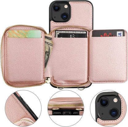 Bocasal RFID Blocking Wallet Case for iPhone 14 iPhone 13, Adjustable Crossbody Zipper Purse Case Card Holder with Kickstand Detachable Wrist Strap, PU Leather Flip Folio Case 6.1 Inch 5G (Rose Gold)