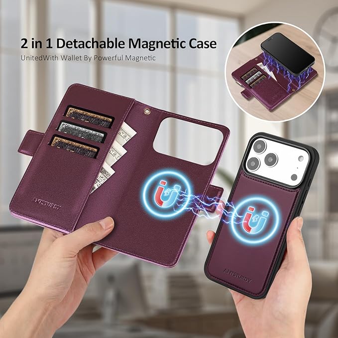 Antsturdy Compatible with Magsafe Magnetic 2 in 1 Detachable iPhone 17 Pro Wallet Case with Credit Card Holder Slots,PU Leather RFID Blocking Phone Cover Wrist Strap Zipper Women Men,Wine Red