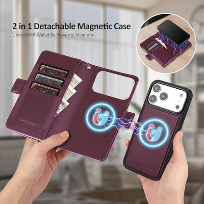 Antsturdy Compatible with Magsafe Magnetic 2 in 1 Detachable iPhone 17 Pro Wallet Case with Credit Card Holder Slots,PU Leather RFID Blocking Phone Cover Wrist Strap Zipper Women Men,Wine Red