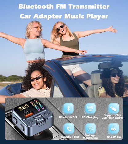 Bluetooth 5.3 Car Adapter with FM Transmitter & 42W PD Fast Charging, Wireless AUX/USB Music Receiver, Hands-Free Calls, Beat Sync LED Lights for Car Stereo, Compatible with All 12V-24V Vehicles