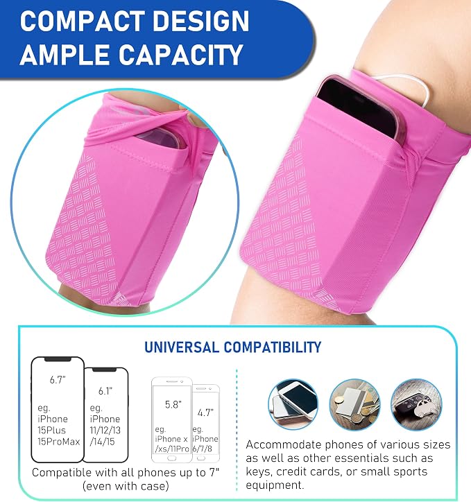 HiRui Universal Sports Armband Cell Phone Armband Sleeves Running Armband for Exercise Workout, Compatible with iPhone 17/17Plus/Pro/16/15/15Plus/14 Samsung Galaxy All Phones (Medium, Pink)