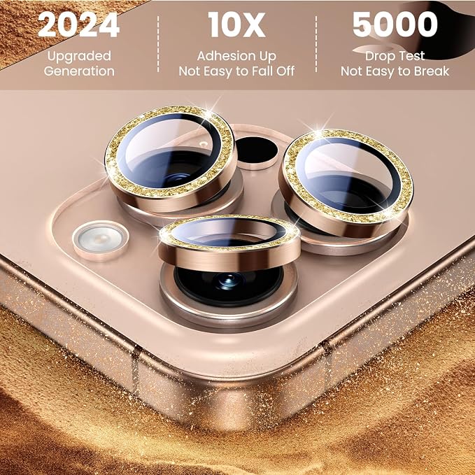 Uyiton 4 Pack Bling for iPhone 15 Pro /15 Pro Max Camera Lens Protector - Not Easy to Break Strong Adsorption Individual Metal Tempered Glass Rear Camera Screen Cover - Glitter Gold