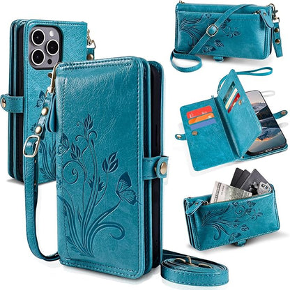 Lacass for iPhone 16 Pro Max Case Wallet,[Cards Theft Scan Protection] Card Holder Zipper Leather Flip Cover Crossbody Wrist Strap with Stand (Floral Blue Green)