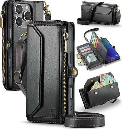 Strapurs Wallet Case Compatible with iPhone 16 Pro Max 6.9" RFID Blocking 10-Card Holder Soft PU Leather Magnetic Snap Shoulder Strap Zipper Pocket Phone Case Fit for iPhone 16 Pro Max - Black
