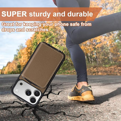 XANGNIER Wallet Case for iPhone 17 Pro with Strap, RFID Blocking PU Leather Crossbody Phone Purse with Card Holder, Zipper Pocket, Wrist Strap & Adjustable Lanyard for Women 6.3" 5G,Brown