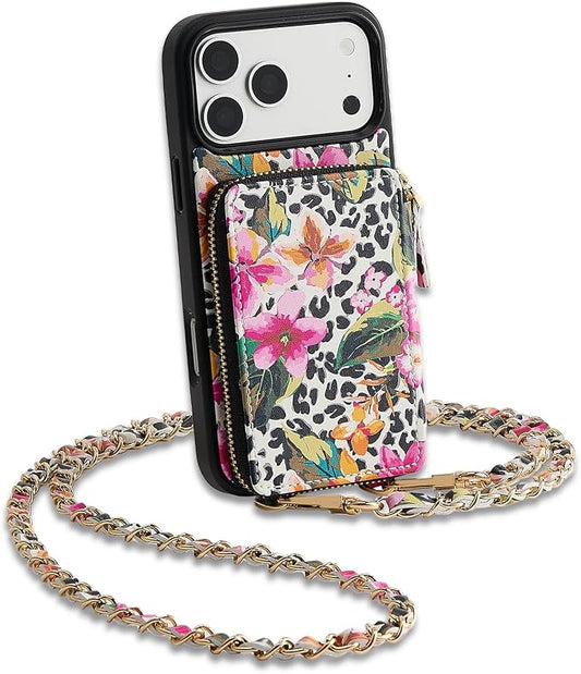 ZVE for iPhone 17 Pro Case Wallet with Crossbody Strap, Leather Zipper Handbag Purse Cover for Women 6.3" Leopard