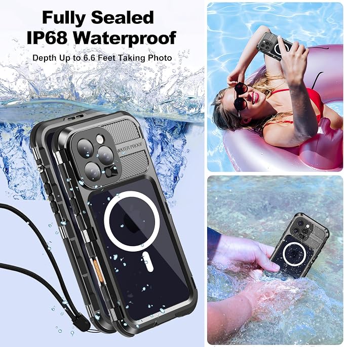 WIFORT for iPhone 16 Pro Waterproof Case - Metal Heavy Duty [Built-in Screen Protector] [14FT Military Shockproof] [Fit for MagSafe], IP68 Full Body Rugged Water Proof Magnetic Cover, 6.3" Black
