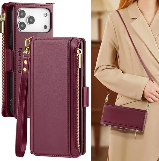 Antsturdy Compatible with iPhone 17 Pro Wallet Case for Women【RFID Blocking】 Crossbody Phone Case PU Leather Zipper with Wrist Strap Flip Folio Cover Credit Card Holder for Apple 17 Pro 6.3",Wine Red