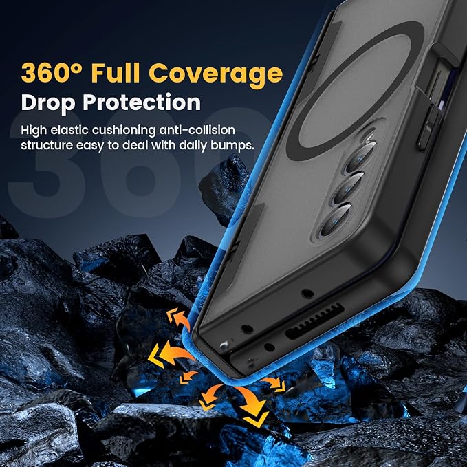 Caka Magnetic for Samsung Galaxy Z Fold 4 Case with Hinge Protection Black | Compatible with MagSafe, Built-in Outer Screen Protector, Hinge Guard, Translucent Matte Back, 360° Hybrid Drop Defense