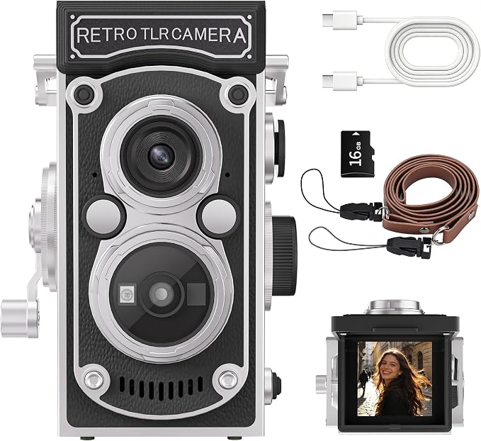 Mini Retro TLR Digital Camera, Portable 24MP 1080P FHD Vintage Point and Shoot Pocket Travel Camera with Twin Lens, Autofocus, 16X Digital Zoom, 16GB Card, for Beginners, Teens & Adults - Black