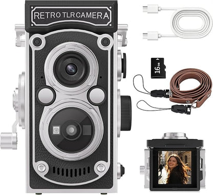Mini Retro TLR Digital Camera, Portable 24MP 1080P FHD Vintage Point and Shoot Pocket Travel Camera with Twin Lens, Autofocus, 16X Digital Zoom, 16GB Card, for Beginners, Teens & Adults - Black