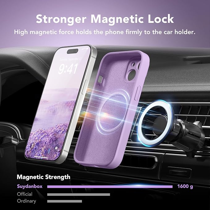 Magnetic for iPhone 15 Case, Compatible with MagSafe, [Screen Protector + Full Camera Protection], Silicone Shockproof Anti-Scratch Protective Phone Case for iPhone 15 6.1", Light Purple