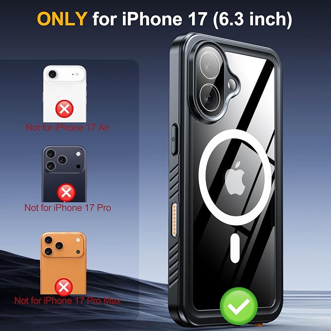 ANTSHARE for iPhone 17 Case, Compatible with Magsafe, IP68 Waterproof Case, [Built-in Screen Protector] - 12 FT Military Dropproof - Full Body Heavy Duty Rugged Phone Cover - Black/Clear