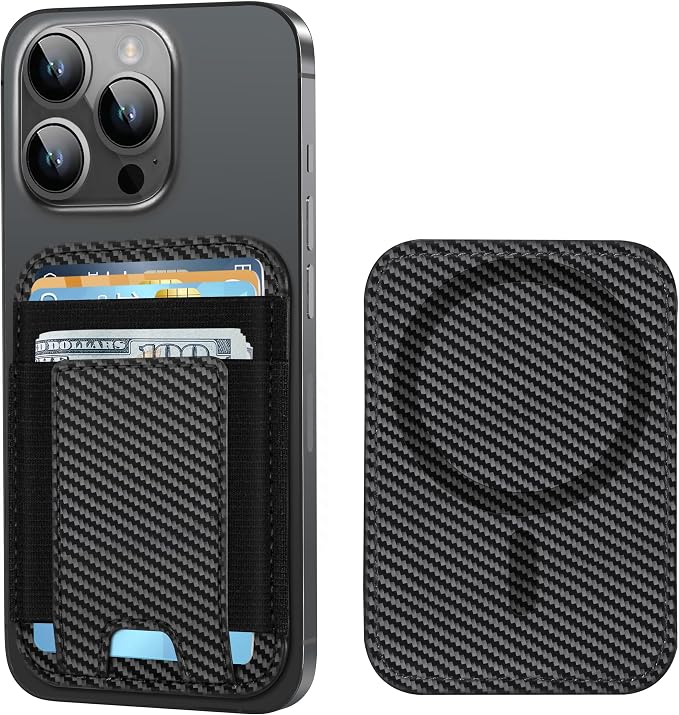 for Magsafe Wallet, Strongest Magnetic Wallet, for iPhone Walle t Magsafe with 2 Card Slots, Magnetic Card Holder for iPhone 17/16/15/14/13/12 Series, Vegan Leather, Fit 7 Cards, Black Carbon Fiber