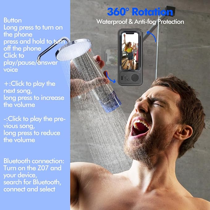 Fanlory Shower Phone Holder with Wireless Bluetooth Speaker, Waterproof 480 Rotation Viewable Shower Phone Stand Case Mount Speakers for Bathroom Wall Mirro for 4"- 6.8" Cell Phones(Black)