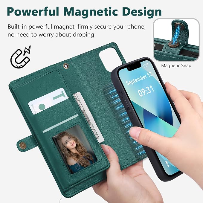 Wallet Case for iPhone 13 with Card Holder/Crossbody Wallet/Strap| RFID Blocking | Magnetic | Kickstand | Detachable | PU Leather Phone Case for iPhone 13,6.1 in,Green