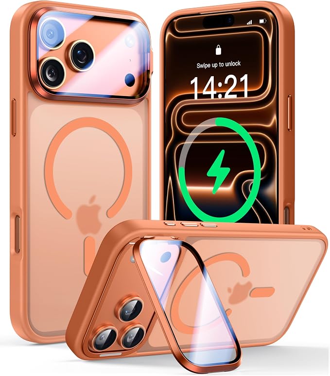 [Upgraded Full Camera Protection] for iPhone 17 Pro Case with Camera Cover Stand [Fit for MagSafe][10FT Mil-Grade Protection] Translucent Magnetic iPhone 17 Pro Phone Case, Orange