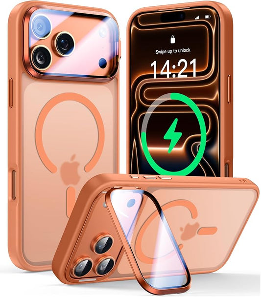 [Upgraded Full Camera Protection] for iPhone 17 Pro Case with Camera Cover Stand [Fit for MagSafe][10FT Mil-Grade Protection] Translucent Magnetic iPhone 17 Pro Phone Case, Orange