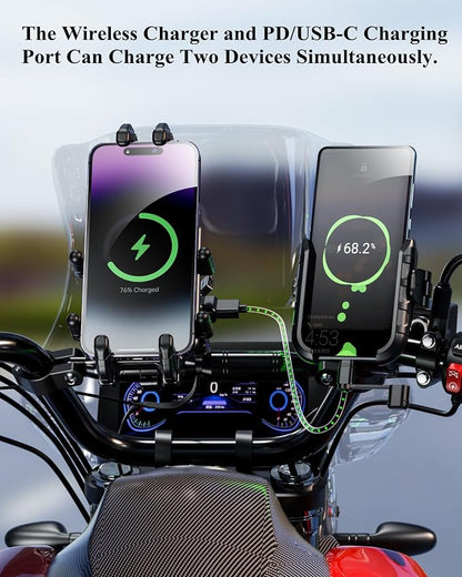 BRCOVAN Motorcycle Phone Mount Holder with Qi 15W Wireless Charger & 30W PD/USB-C Fast Charging Port, Anti-Theft Handlebar Cellphone Cradle with Vibration Dampener, Adjustable for 5.4-7.2'' Smartphone