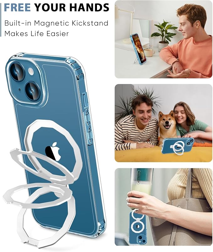 for iPhone 13 Case, with Screen Protector + Camera Lens Protector, Built-in Seamless Stand, [Compatible with MagSafe] Protective Shockproof Phone Case, Cover for iPhone 13 - Clear