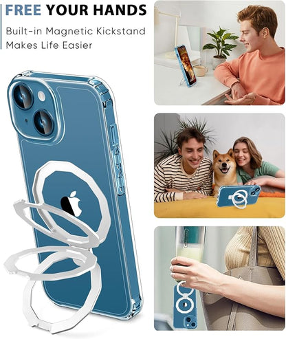 for iPhone 13 Case, with Screen Protector + Camera Lens Protector, Built-in Seamless Stand, [Compatible with MagSafe] Protective Shockproof Phone Case, Cover for iPhone 13 - Clear