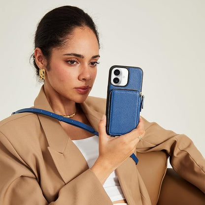 ZVE for iPhone 16 Wallet Case, Leather Zipper Wallet Case Protective Handbag Flip Phone Cover with Crossbody Wrist Strap for iPhone 16 6.1" Navy Blue