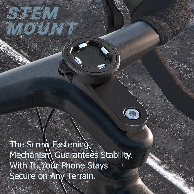 Bike Stem Phone Mount with Quad Safety Buckles – CNC Aluminum Center Holder for iPhone & Android | Quick Install | Anti-Shake Clamp for MTB/Road/Mountain