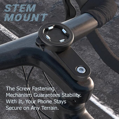 Bike Stem Phone Mount with Quad Safety Buckles – CNC Aluminum Center Holder for iPhone & Android | Quick Install | Anti-Shake Clamp for MTB/Road/Mountain