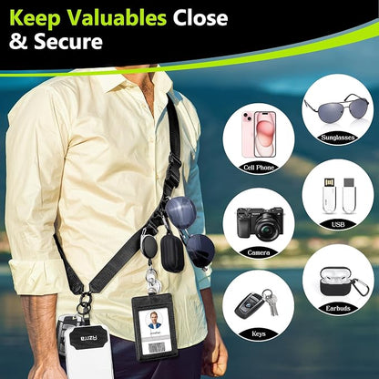 Azrra Adjustable Crossbody Cell Phone Lanyard for iPhone with Phone Tethers & Retractable ID Badge Card Holder (Solid Black)