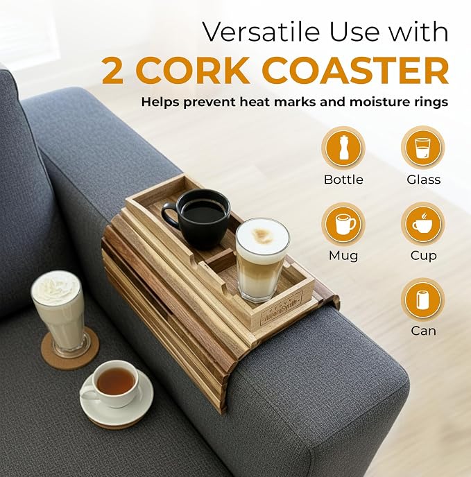Couch Cup Holder Tray with 2 Cork Coasters, Caddy, Anti-Slip Foldable Armrest Sofa Tray, Anti-Spill Holder for Remote, Snacks, Cellphone - Ideal Gift (Acacia Wood)