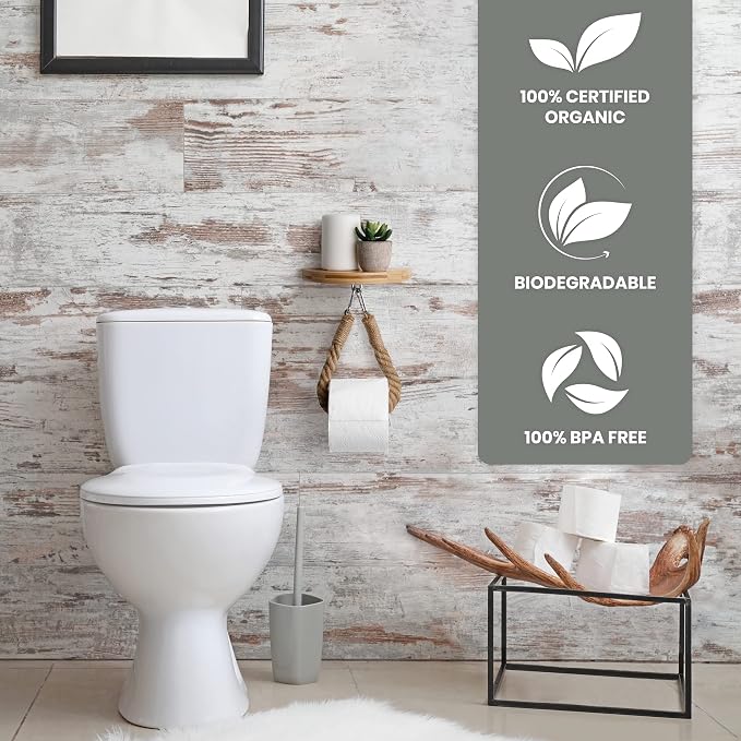 Modern Hanging Wall Mount Natural Bamboo Toilet Paper Holder Rope with Convenience Shelf Tray for Toilet Paper, Phone, Plants, Decor, and Other Accessories