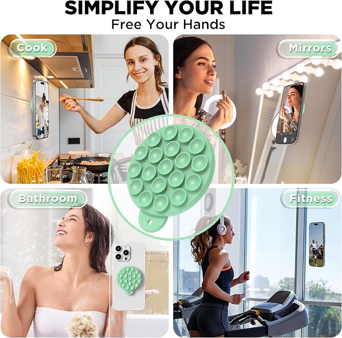 Magnetic Suction Cup Phone Mount, Compatible with MagSafe, Silicone Octo Cup Buddy Sticky Grip Holder for iPhone and Android, Removable Hands-Free Selfie/Video for TikTok, Spearmint Green