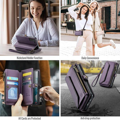 Strapurs Crossbody Wallet Case Compatible with Samsung Galaxy S22 5G RFID Blocking Card Holder Soft PU Leather Magnetic Snap Shoulder Strap Zipper Pocket Phone Case Fit for Galaxy S22 6.1" - Purple
