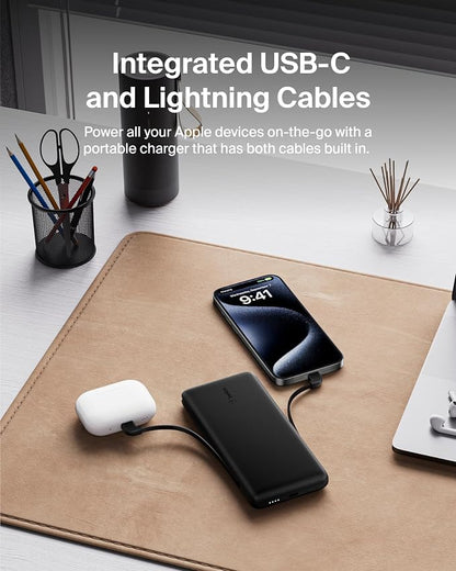 Belkin Portable Charger Power Bank for iPhone/Android (10,000mAh), 23W Battery Pack with Integrated USB-C, Lightning Cables, Pass-Through Capability, Charge 2 Devices at Once, Phone Charger Power Bank