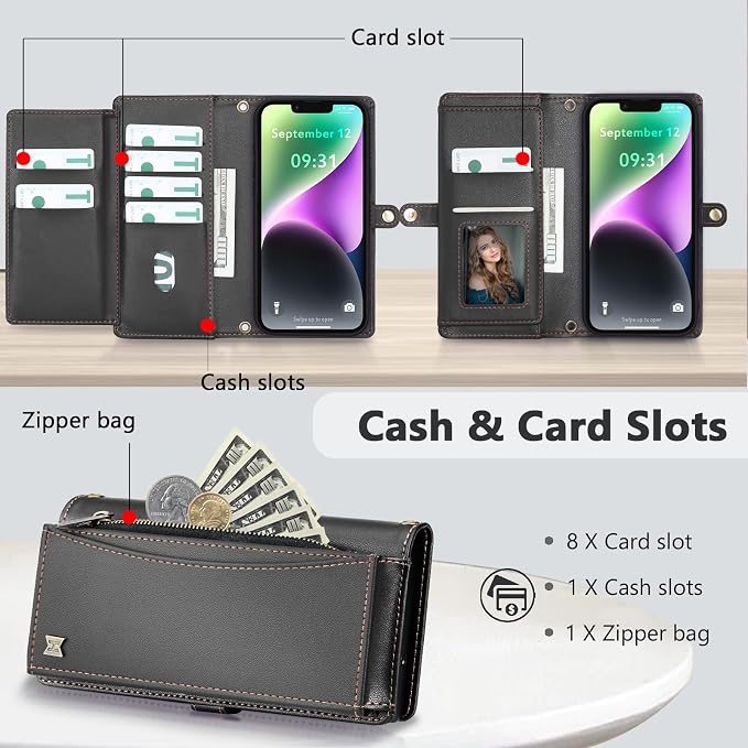 Wallet Case for iPhone 14 with Card Holder/Crossbody Wallet/Strap| RFID Blocking | Magnetic | Kickstand | Detachable | PU Leather Phone Case for iPhone 14,6.1 in,Black