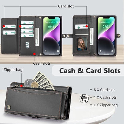 Wallet Case for iPhone 14 with Card Holder/Crossbody Wallet/Strap| RFID Blocking | Magnetic | Kickstand | Detachable | PU Leather Phone Case for iPhone 14,6.1 in,Black
