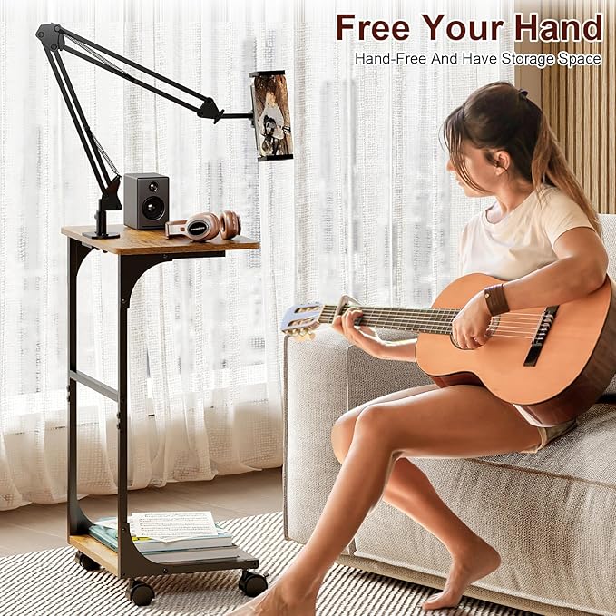Floor Kindle Tablet iPad Stand with 2-Tier Storage Shelves,Angle Height Adjustable iPad Tablet Kindle Holder for Bed with 360-Degree Rotating Wheels, Compatible with 4.7"-13" Kindle Cell Phone iPhone