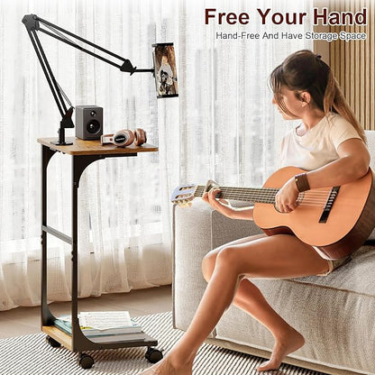 Floor Kindle Tablet iPad Stand with 2-Tier Storage Shelves,Angle Height Adjustable iPad Tablet Kindle Holder for Bed with 360-Degree Rotating Wheels, Compatible with 4.7"-13" Kindle Cell Phone iPhone