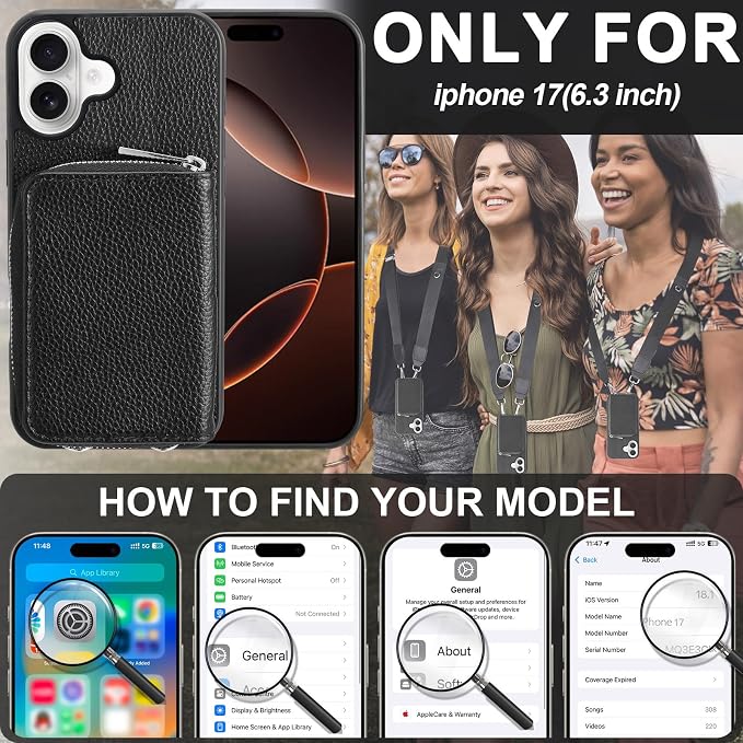 XANGNIER Wallet Case for iPhone 17 with Strap, RFID Blocking PU Leather Crossbody Phone Purse with Card Holder, Zipper Pocket, Wrist Strap & Adjustable Lanyard for Women 6.3" 5G, Black