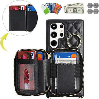Crossbody Wallet Case for Galaxy S24 Ultra, PU Leather Zipper Handbag Purse Flip Cover, Kickstand Folio Case with Card Slots Holder Wrist Strap Lanyard -Black