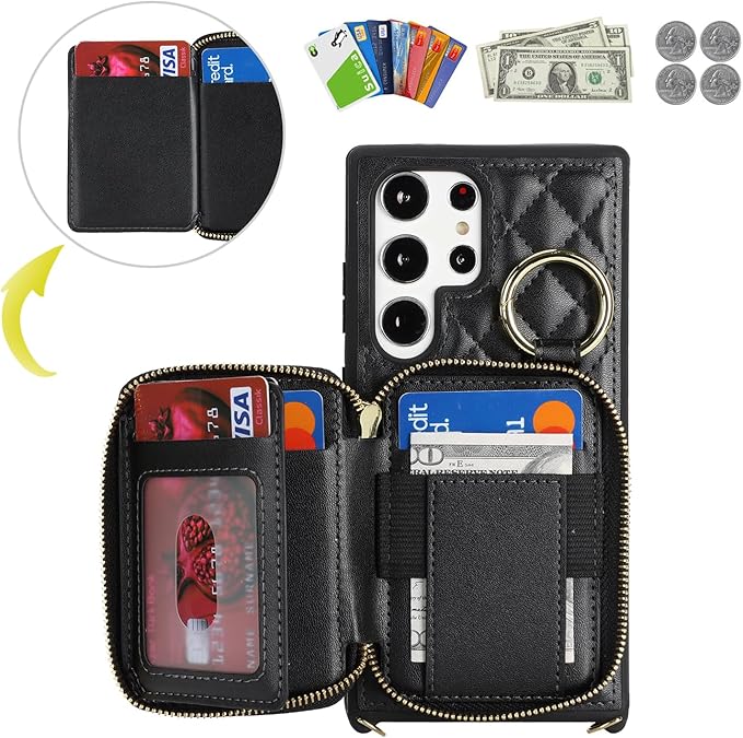 Crossbody Wallet Case for Galaxy S23 Ultra, PU Leather Zipper Handbag Purse Flip Cover, Kickstand Folio Case with Card Slots Holder Wrist Strap Lanyard -Black