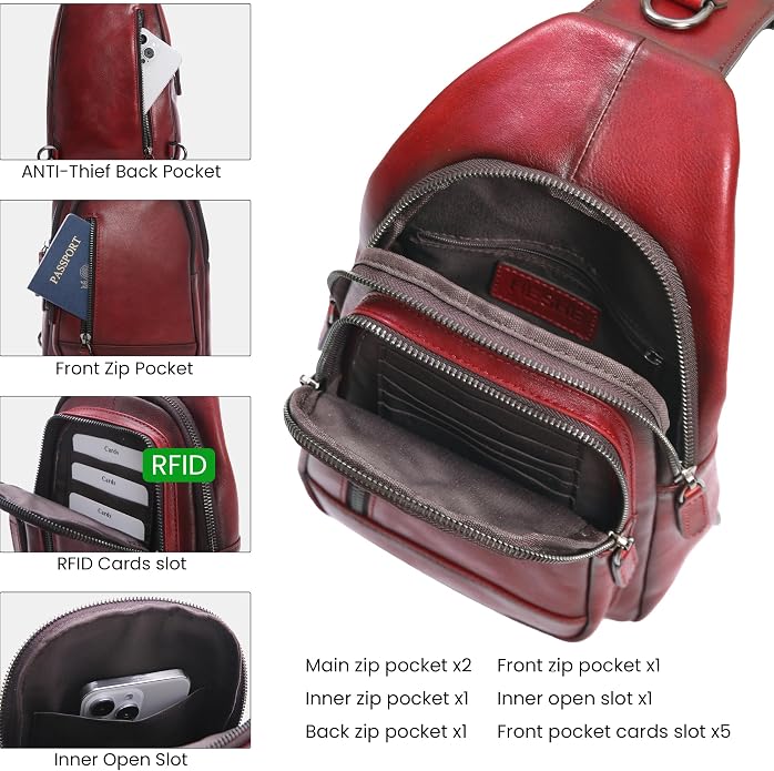 HESHE Leather Sling Bag for Women Crossbody Bags with Multi-Pocket Stylish Fanny Packs for Travel Chest Bag