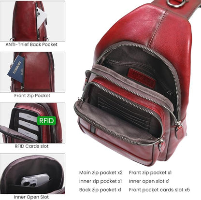 HESHE Leather Sling Bag for Women Crossbody Bags with Multi-Pocket Stylish Fanny Packs for Travel Chest Bag