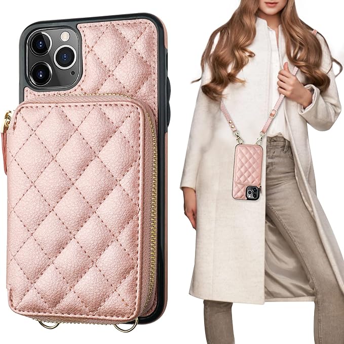 Bocasal Crossbody Wallet Case for iPhone 11 Pro Max, RFID Blocking PU Leather Zipper Handbag Purse Flip Cover, Kickstand Folio Case with Card Slots Holder Wrist Strap Lanyard 6.5 Inch (Rose Gold)