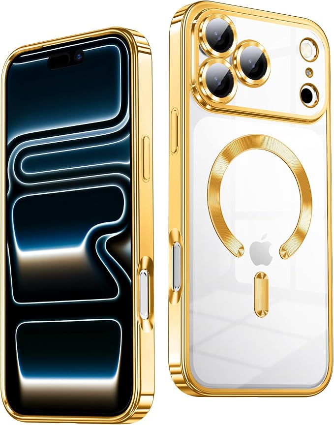 Slim Thin for iPhone 17 Pro Case Clear, Compatible with MagSafe, Built-in Camera Lens Protector, Shockproof Protective Phone Case, Soft Electroplated Magnetic Cover, Gold